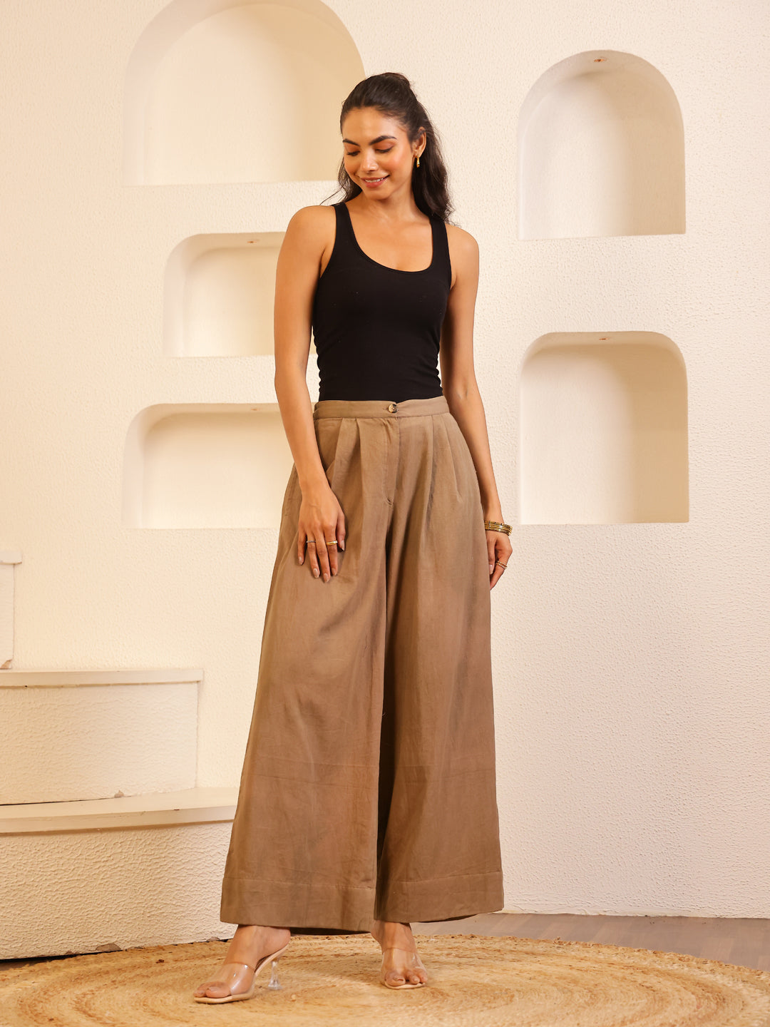 Brown Cotton Blend Solid Lounge Pants for Women - SanskrutiHomes 