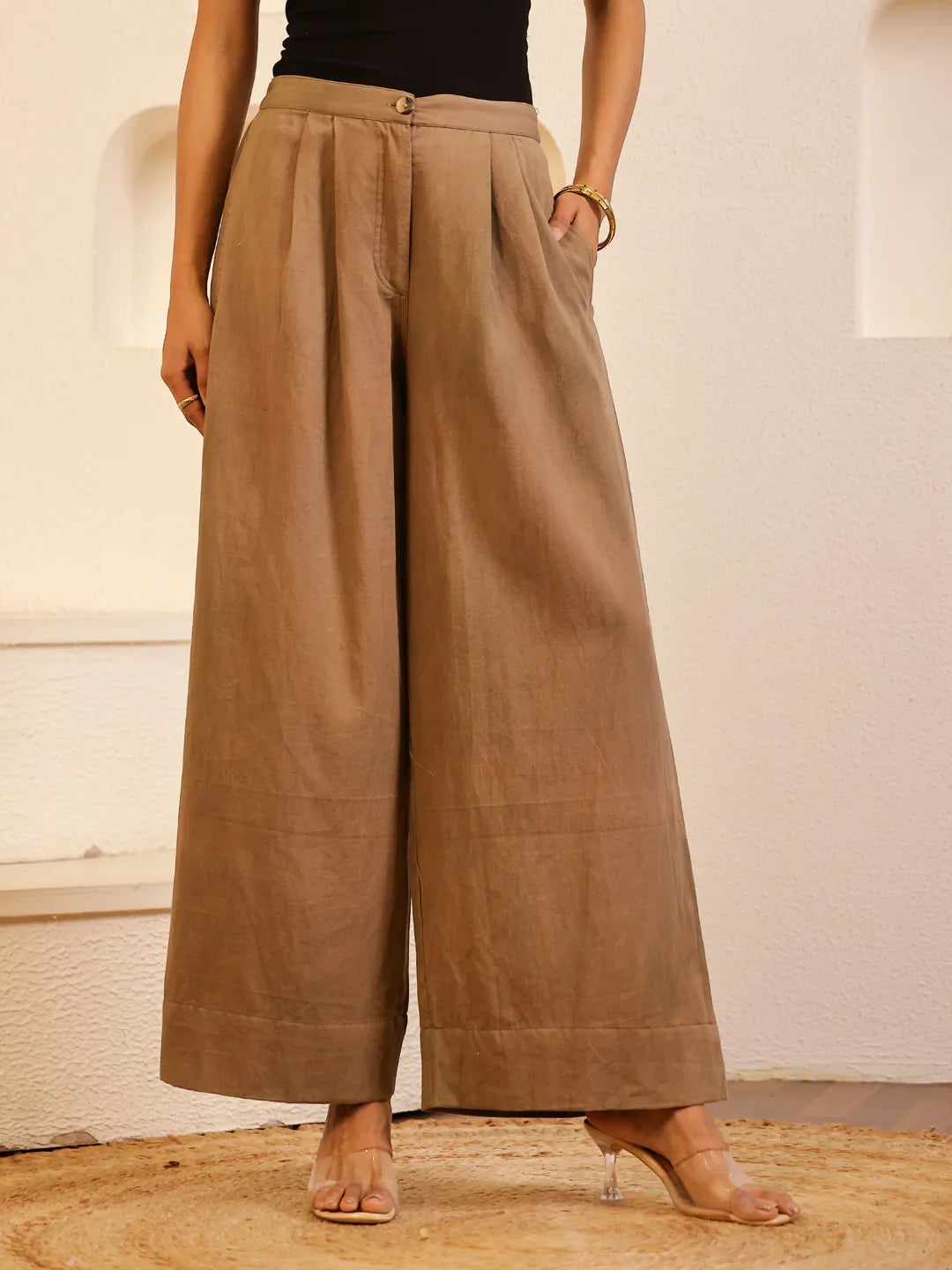 Brown Cotton Blend Solid Lounge Pants for Women - SanskrutiHomes 