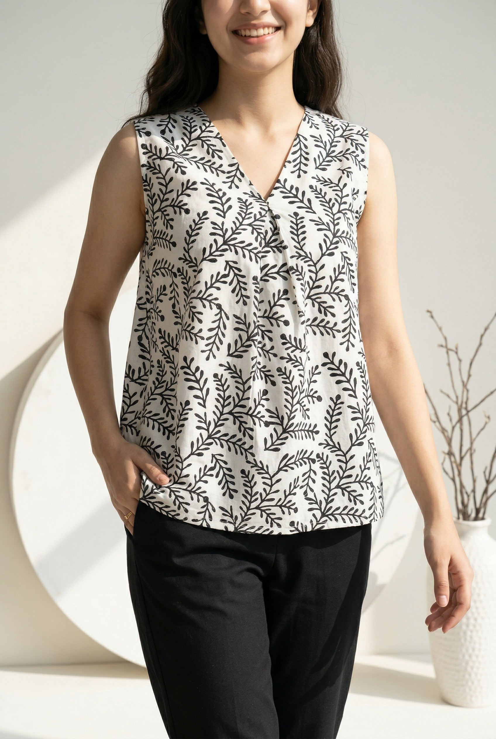 White V-Neck Motif Print Cotton Night Suit For Women