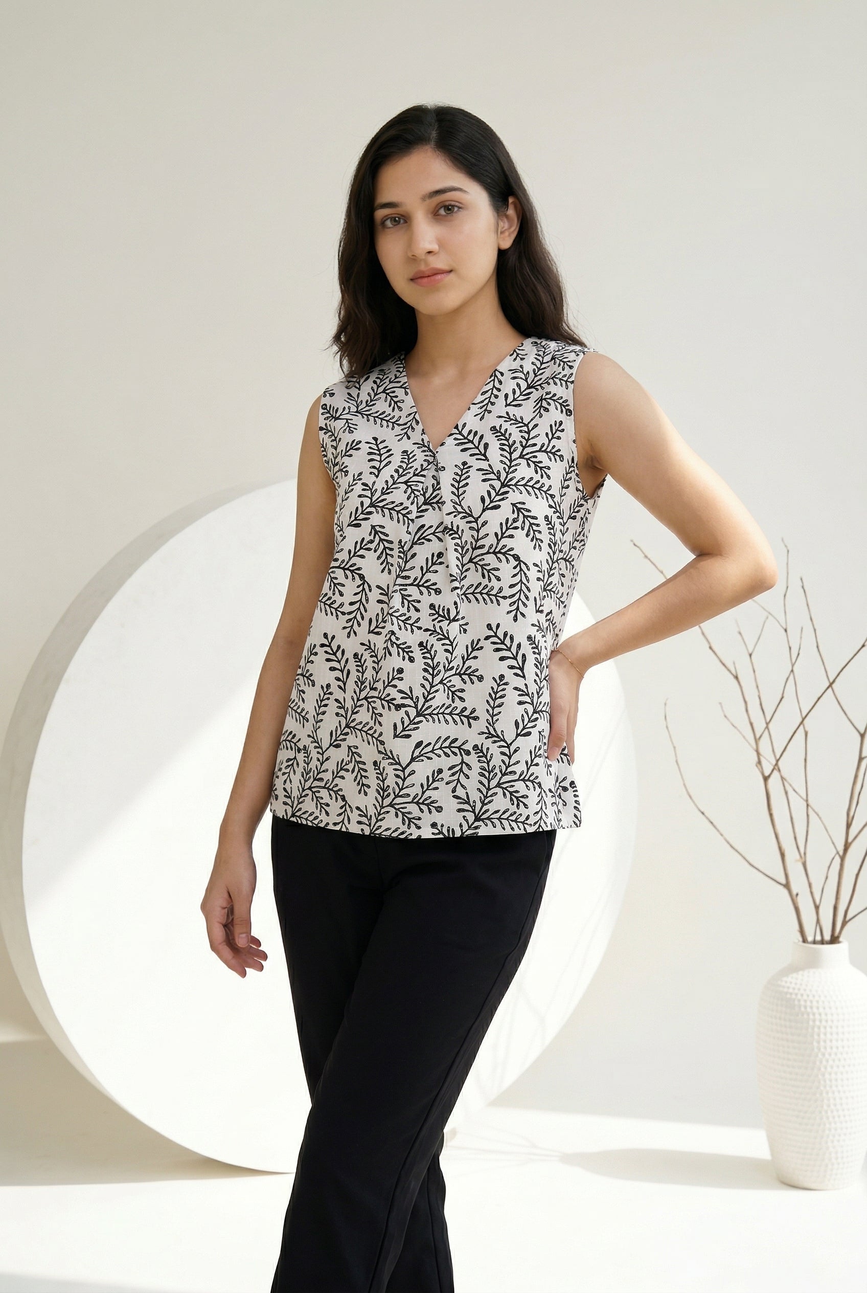 White V-Neck Motif Print Cotton Night Suit For Women