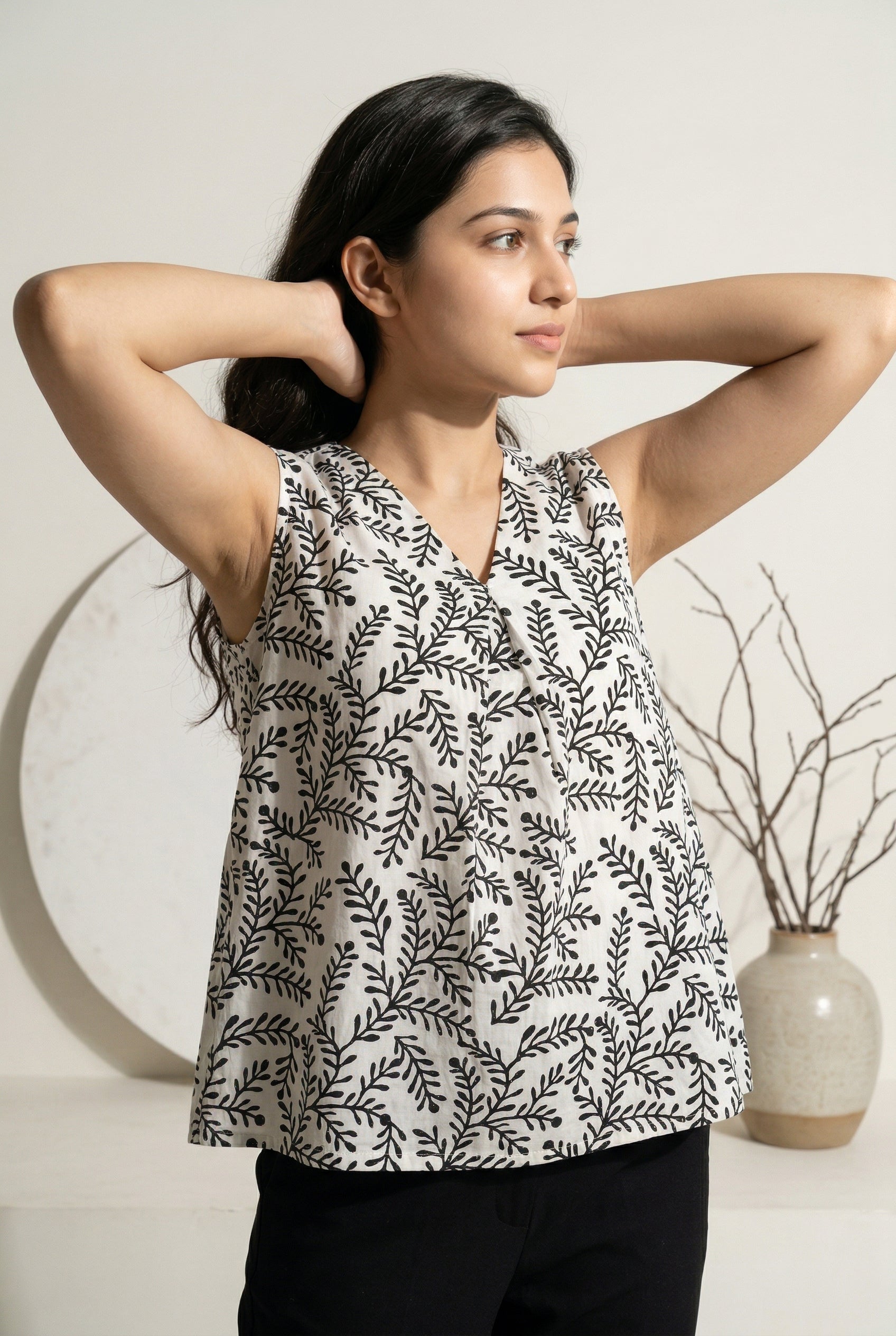 White V-Neck Motif Print Cotton Night Suit For Women