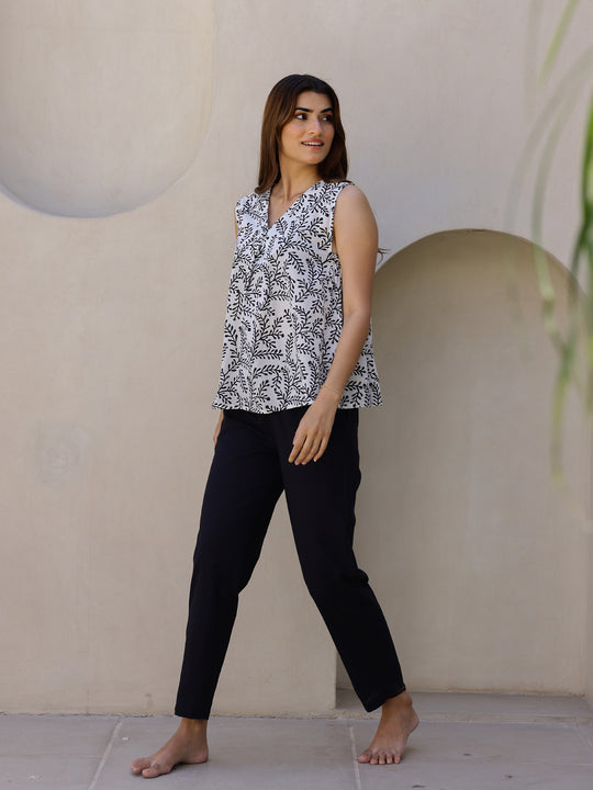 White Cotton Cut Sleeves Loungewear Set