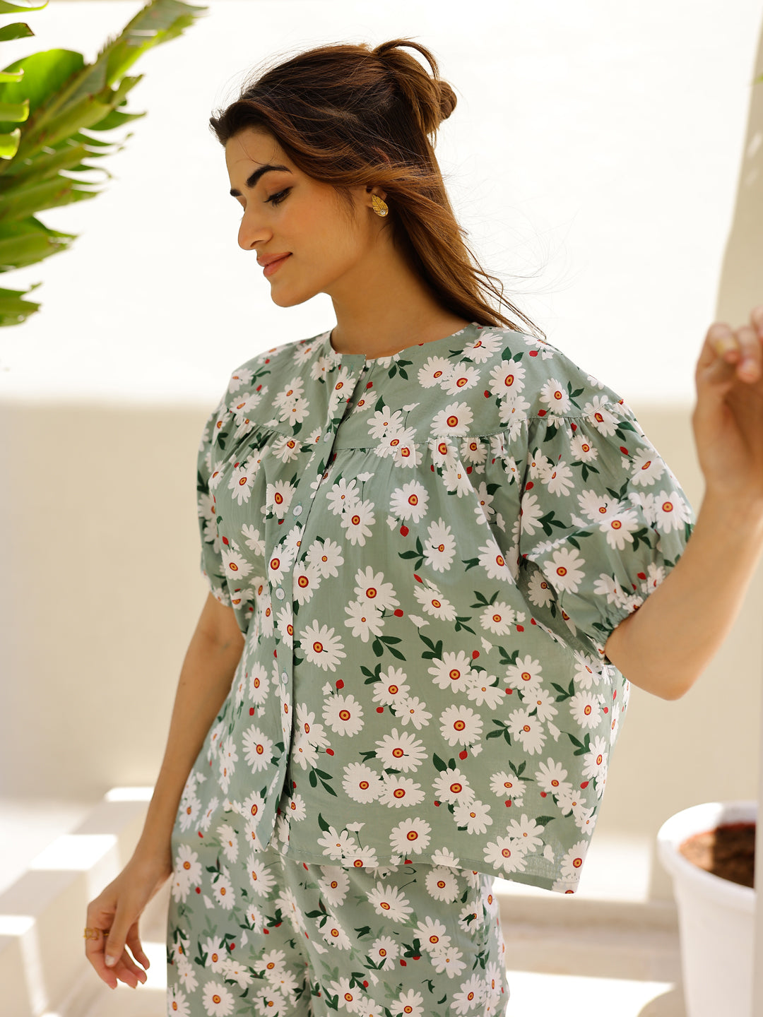 Green & White Flower Printed Loungewear Set - SanskrutiHomes 