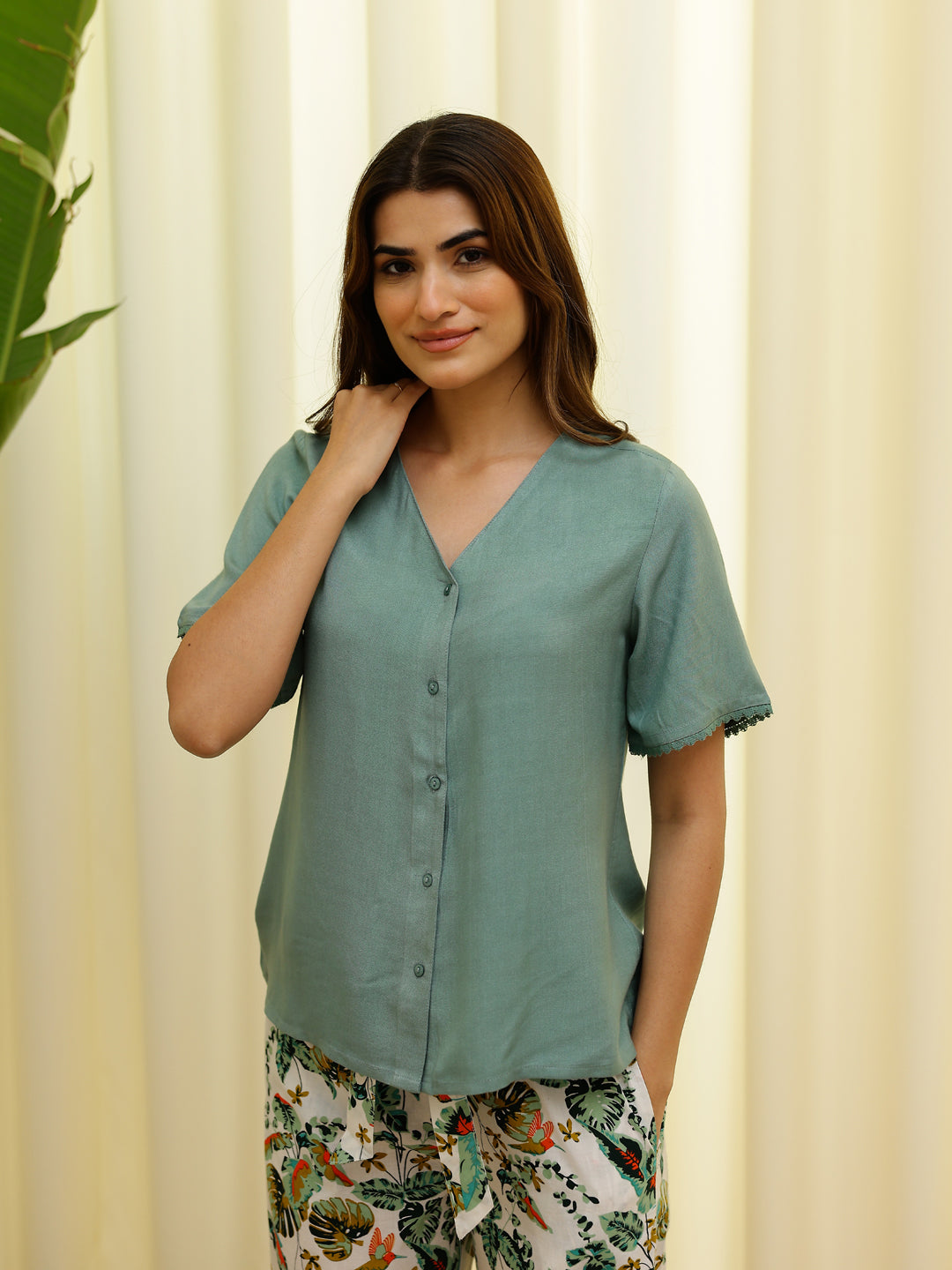Green Solid & Printed Loungewear Set
