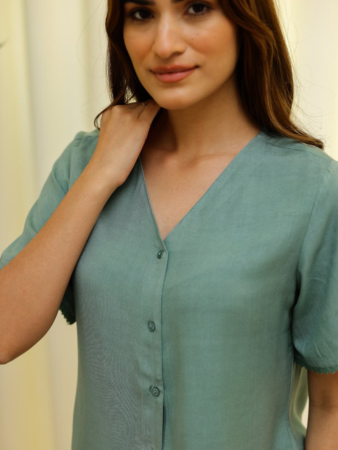 Green Solid & Printed Loungewear Set
