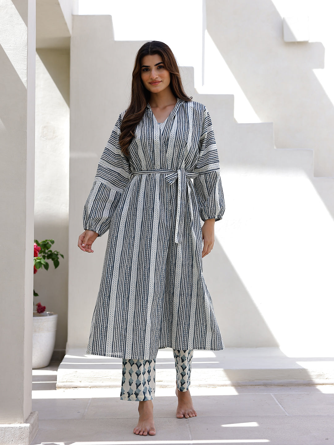 Blue & White 3 Piece Robe Loungewear Set