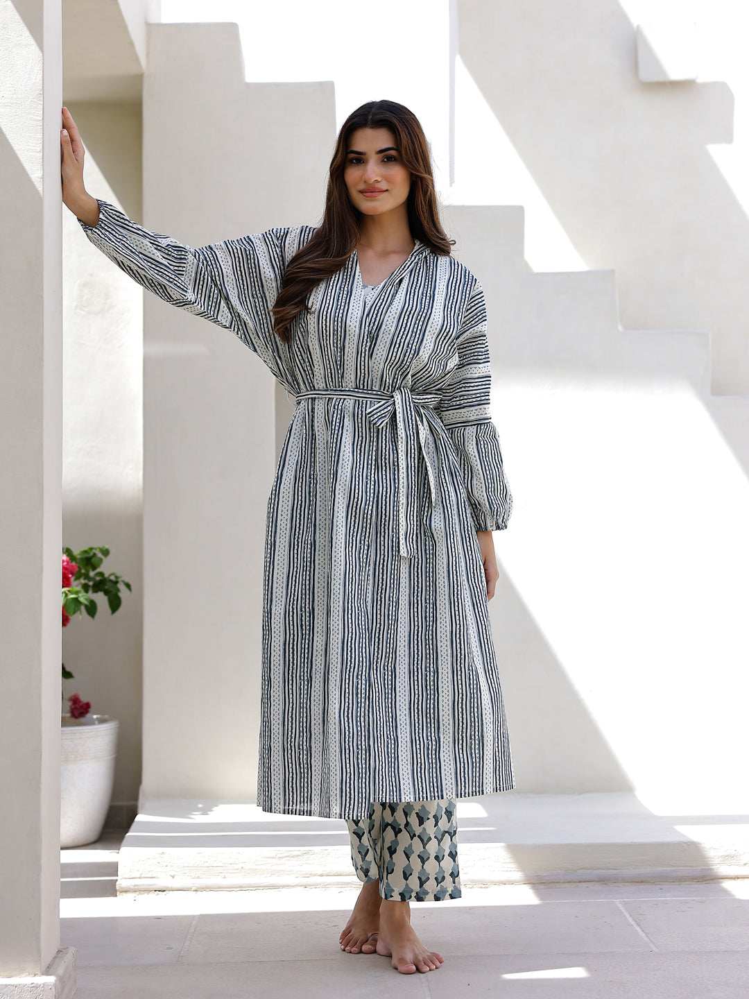Blue & White 3 Piece Robe Loungewear Set