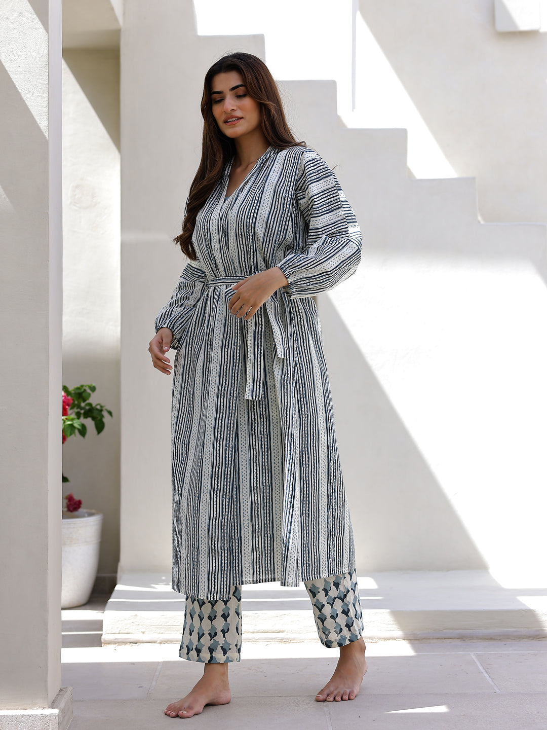 Blue & White 3 Piece Robe Loungewear Set