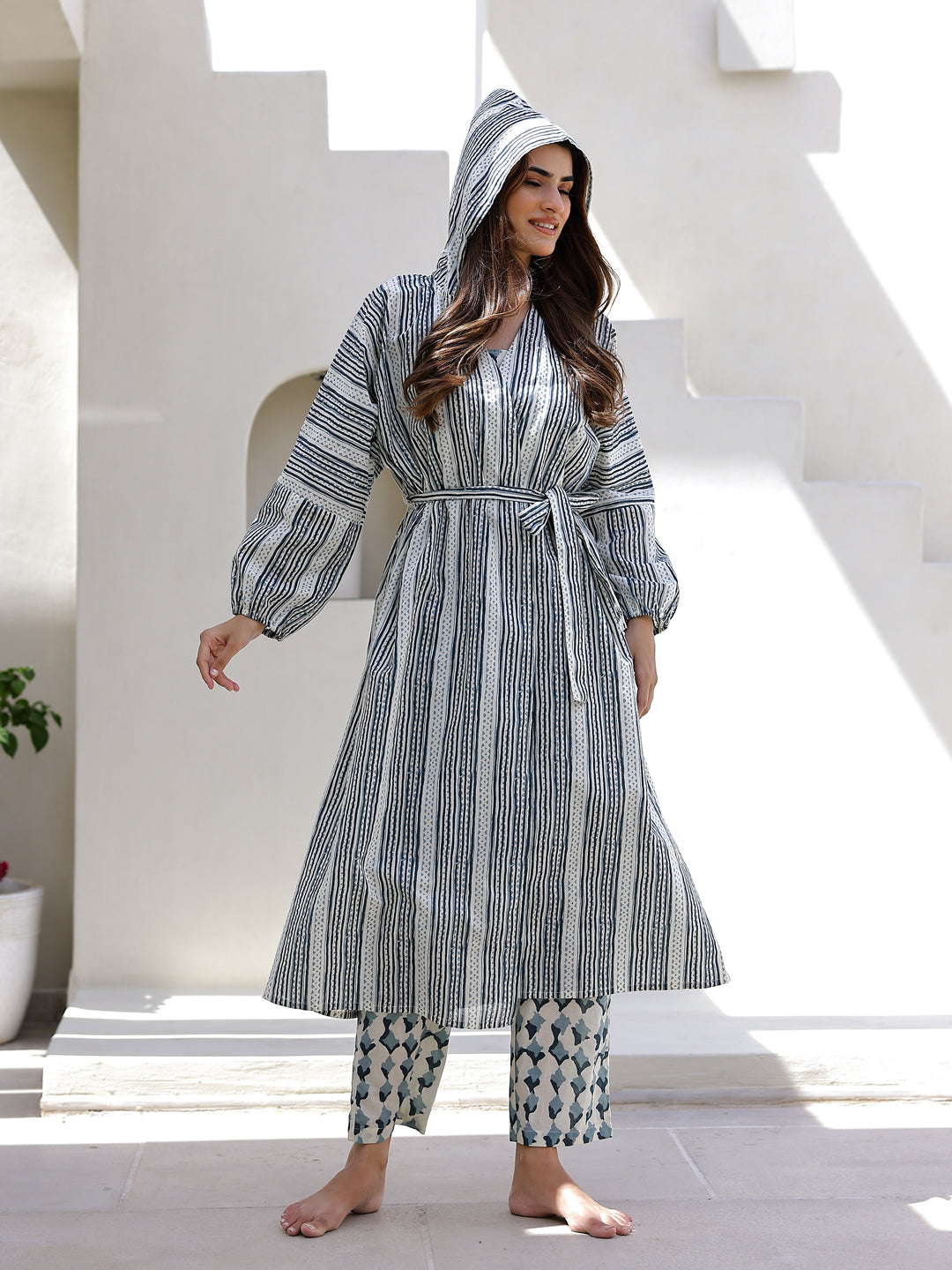 Blue & White 3 Piece Robe Loungewear Set
