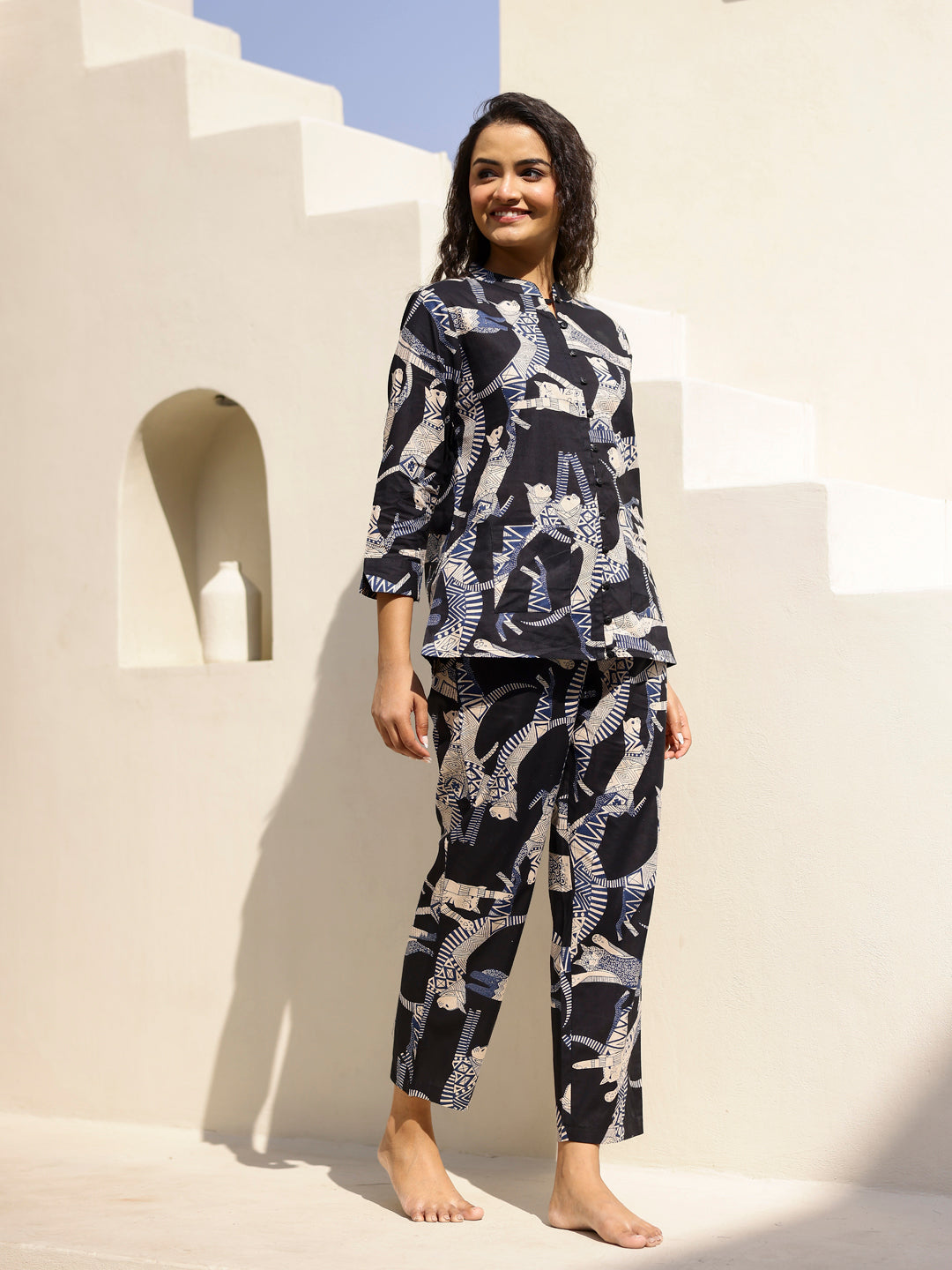 Women's Cat Printed Cotton Night Suit Set