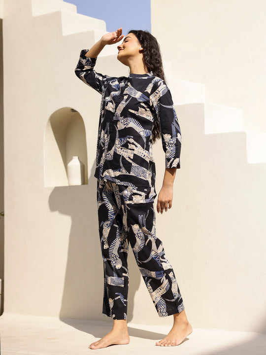 Women's Cat Printed Cotton Night Suit Set