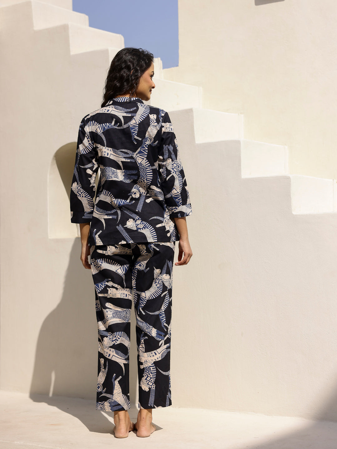 Women's Cat Printed Cotton Night Suit Set