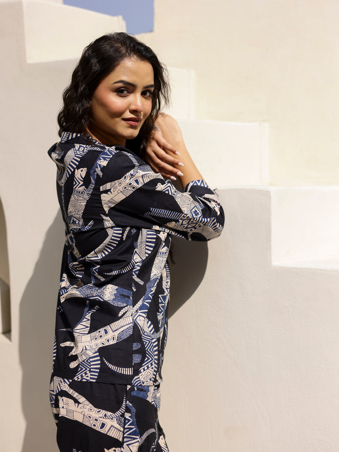 Women's Cat Printed Cotton Night Suit Set
