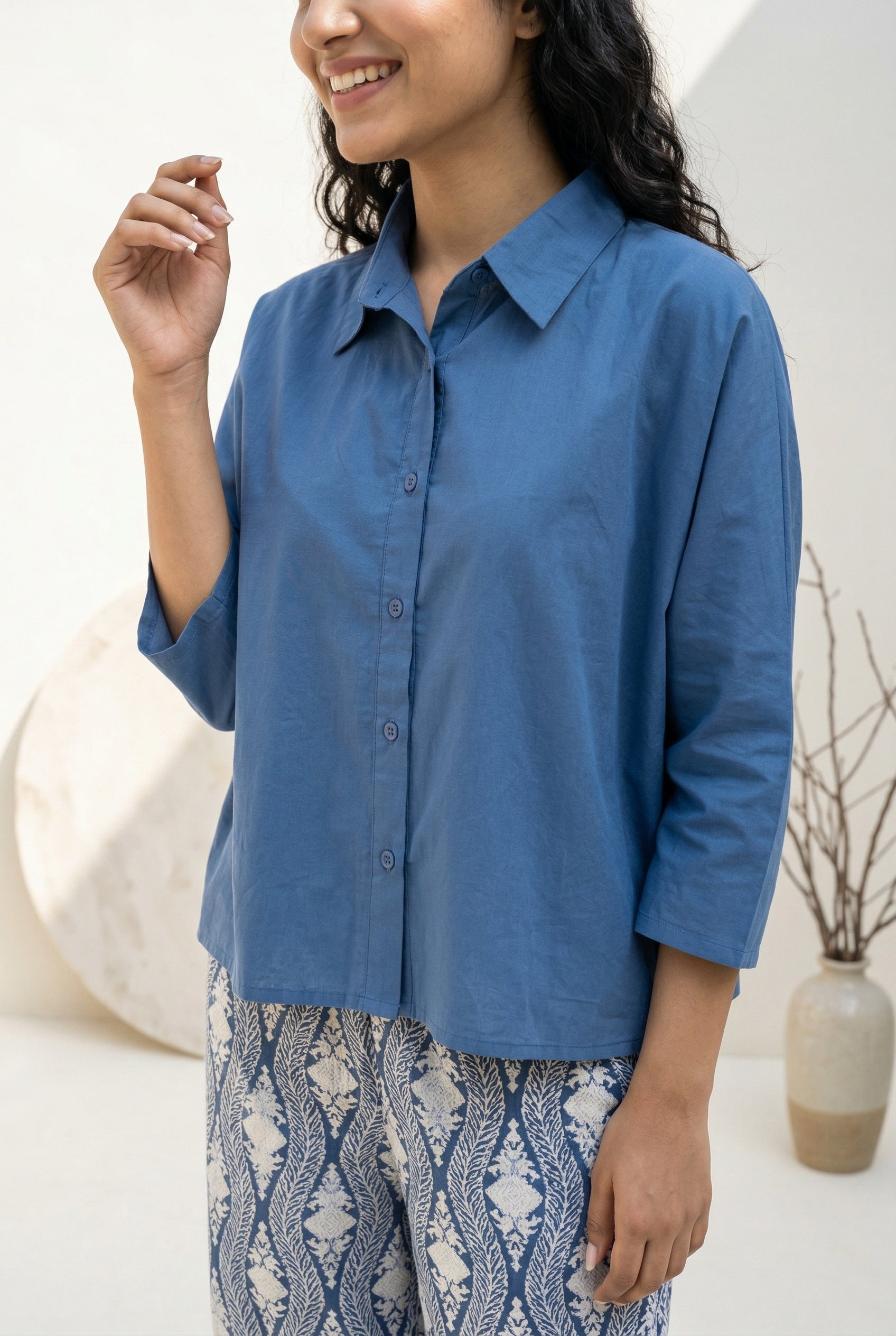 Blue Solid Shirt Collar Pure Cotton Night Suit Set For Women
