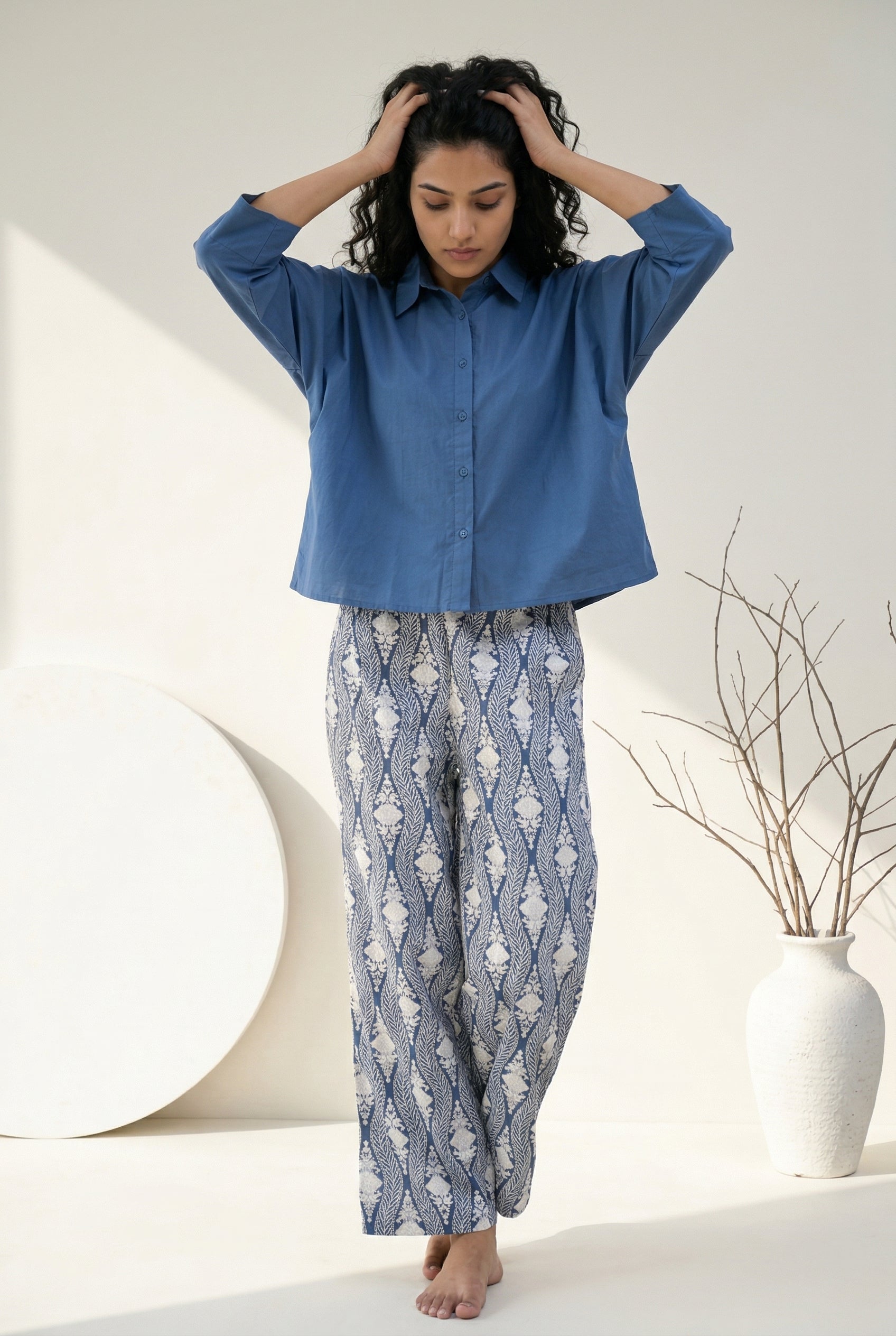 Blue Solid Shirt Collar Pure Cotton Night Suit Set For Women