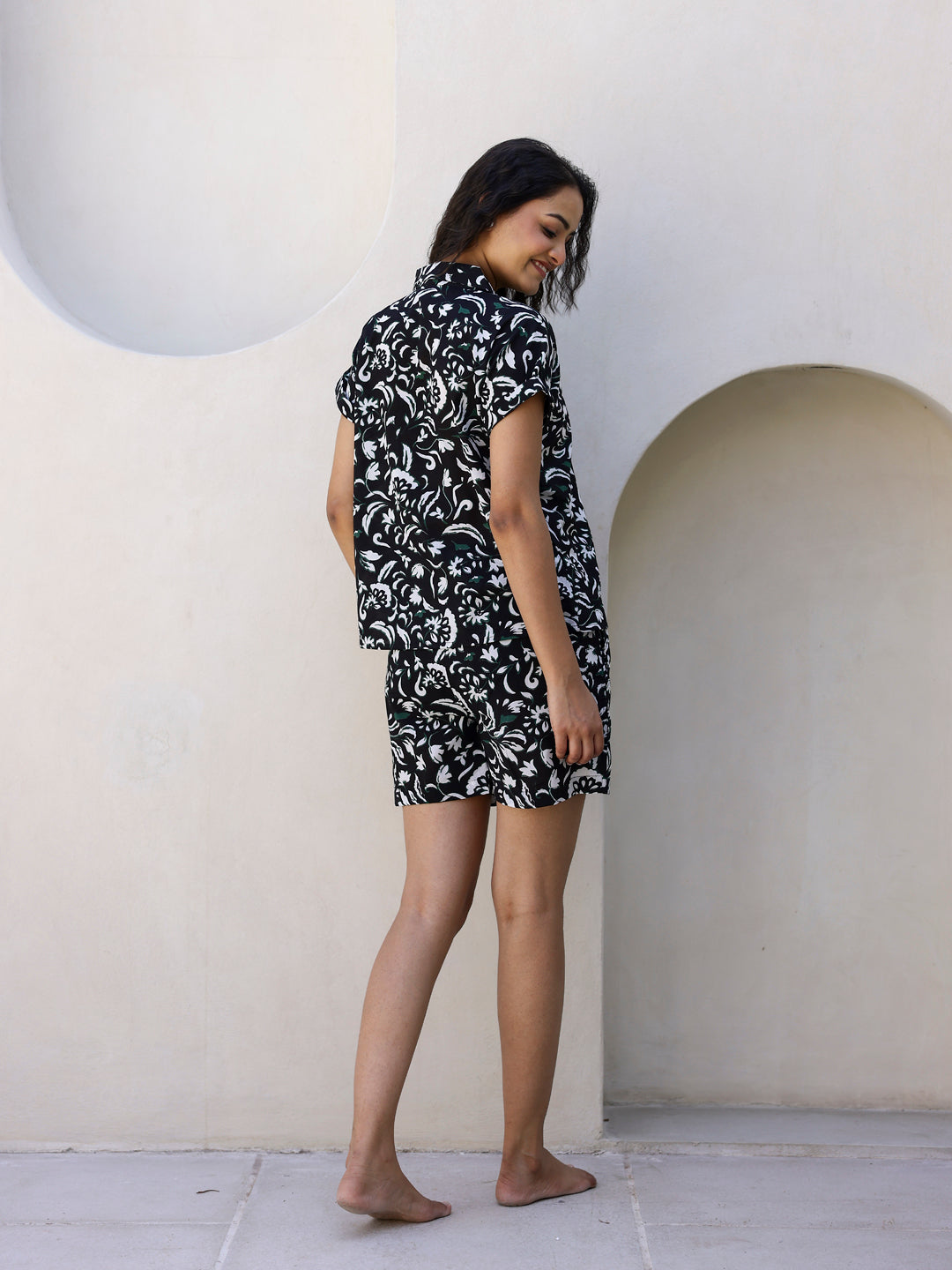 Black & White Cotton Shorts Night Wear Set