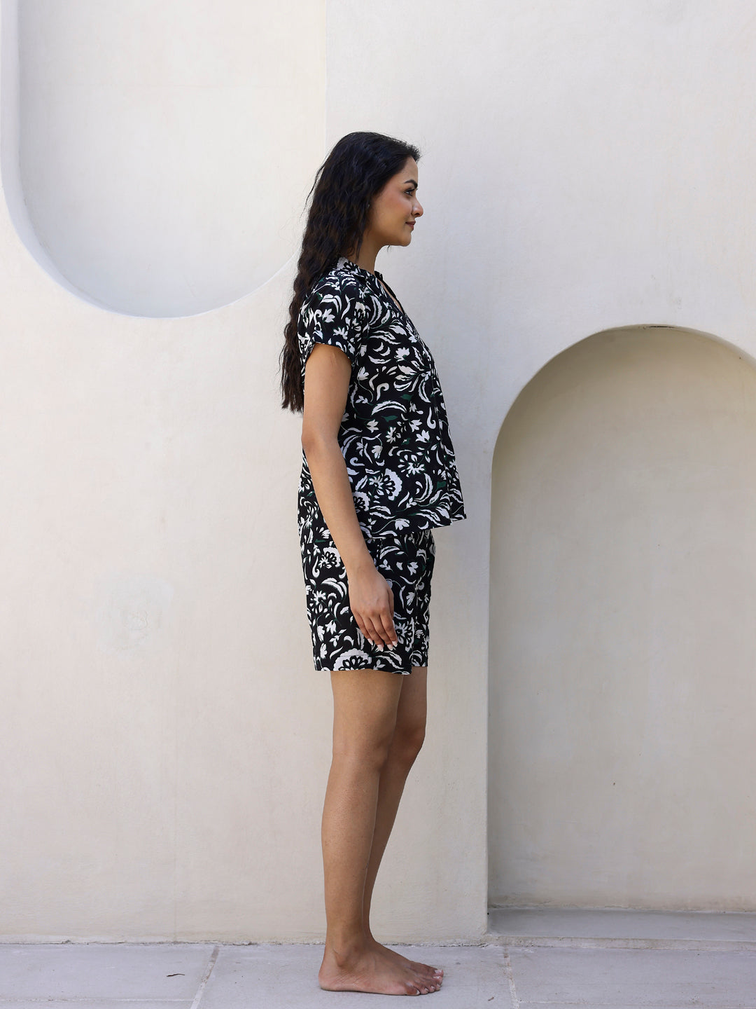 Black & White Cotton Shorts Night Wear Set