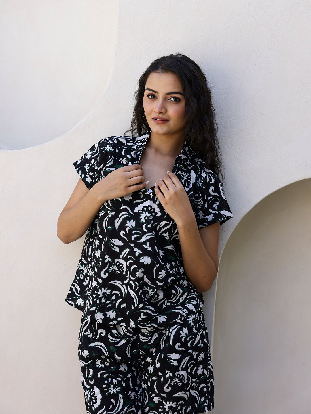 Black & White Cotton Shorts Night Wear Set