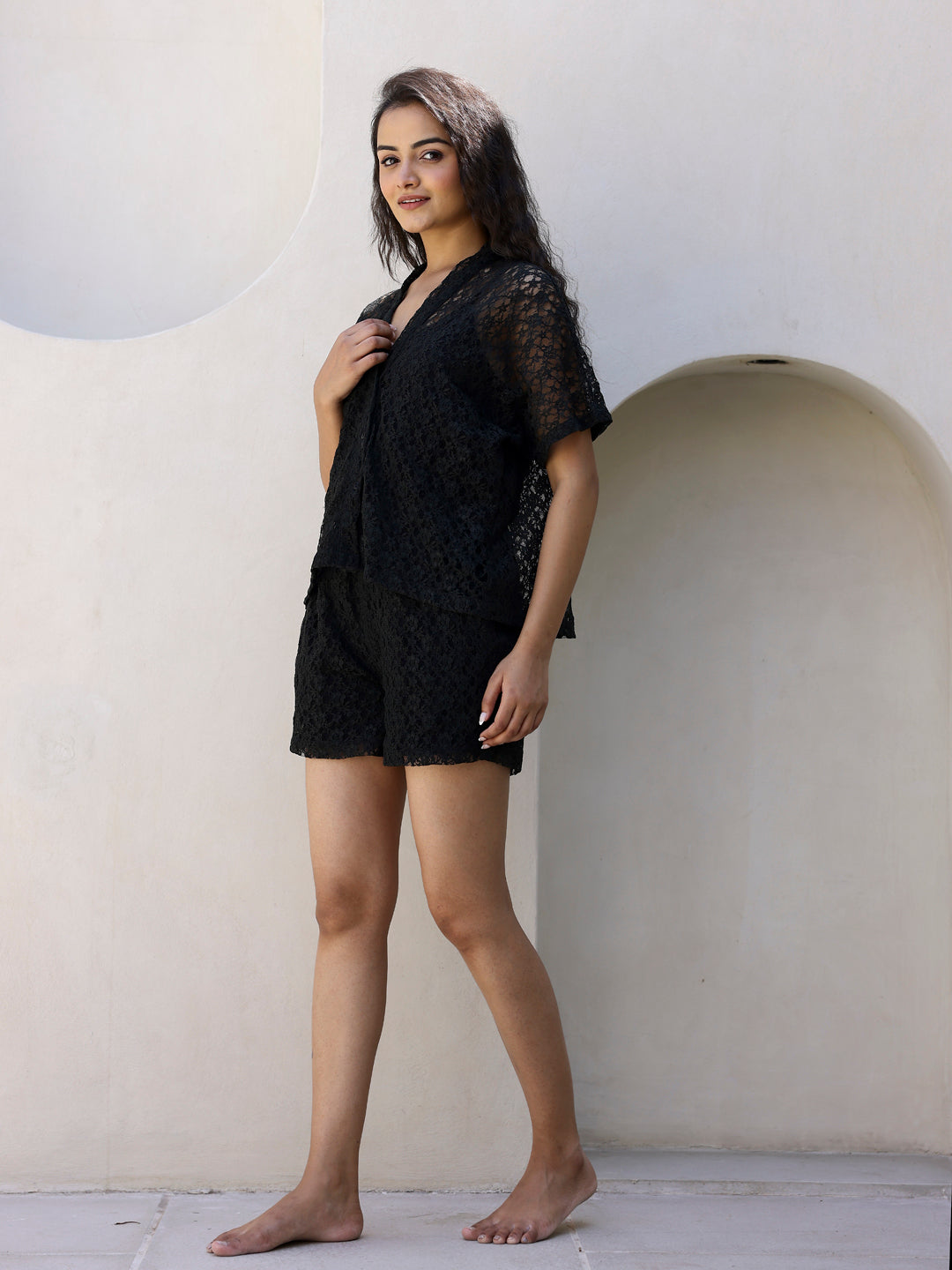 Black Net Shirts & Shorts Set