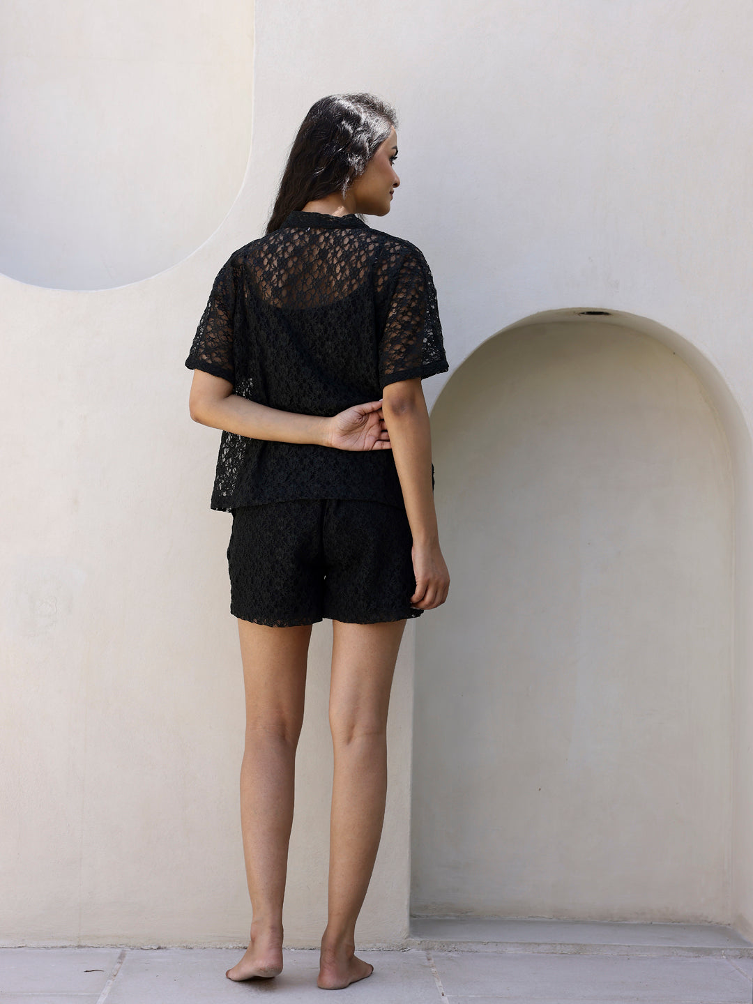 Black Net Shirts & Shorts Set