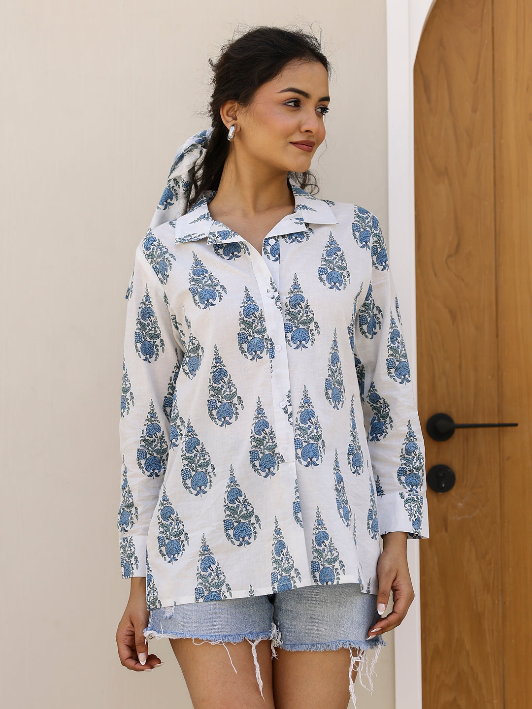 Pure Cotton Flower Printed Shirt for Women - SanskrutiHomes 
