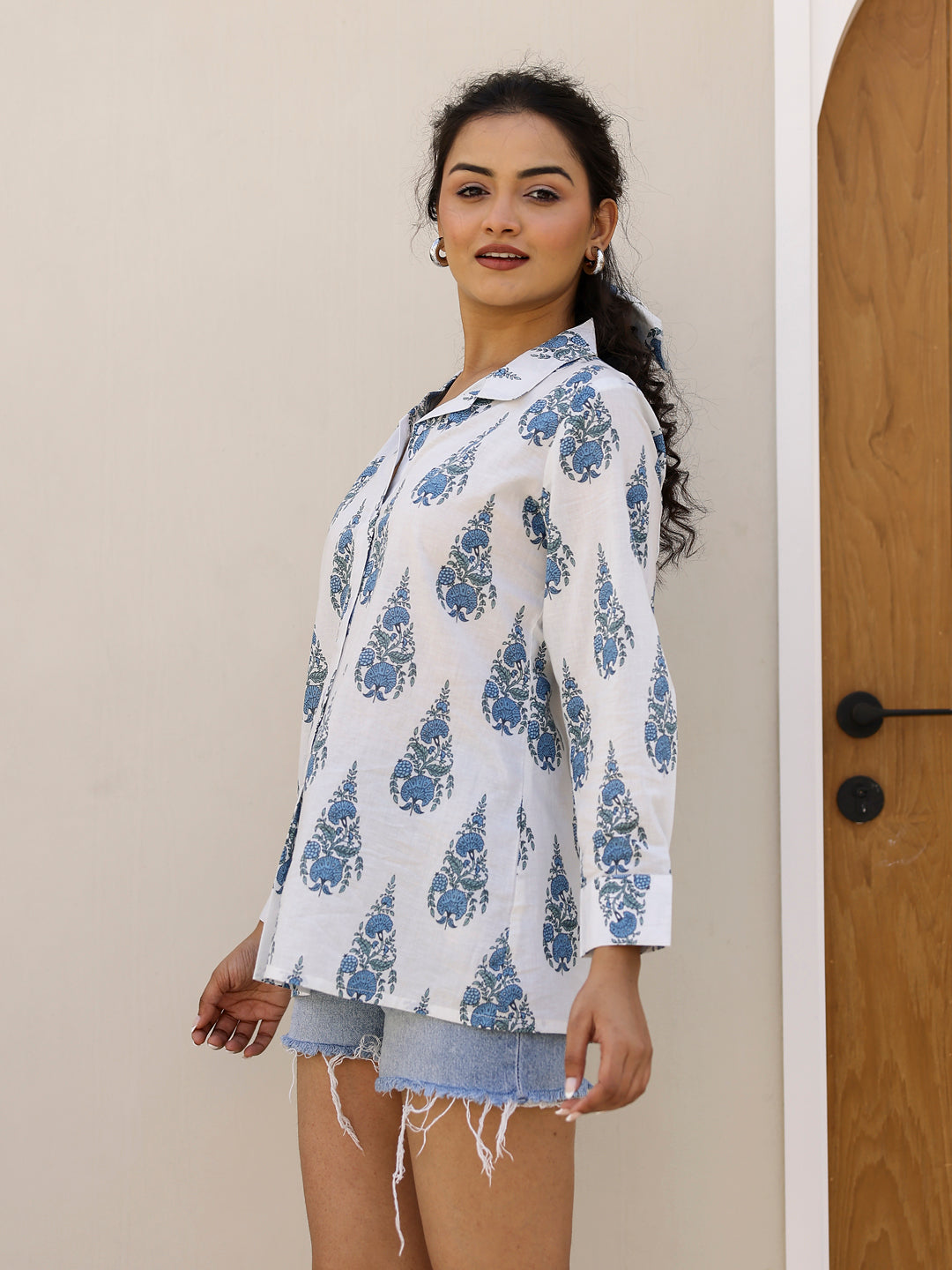 Pure Cotton Flower Printed Shirt for Women - SanskrutiHomes 