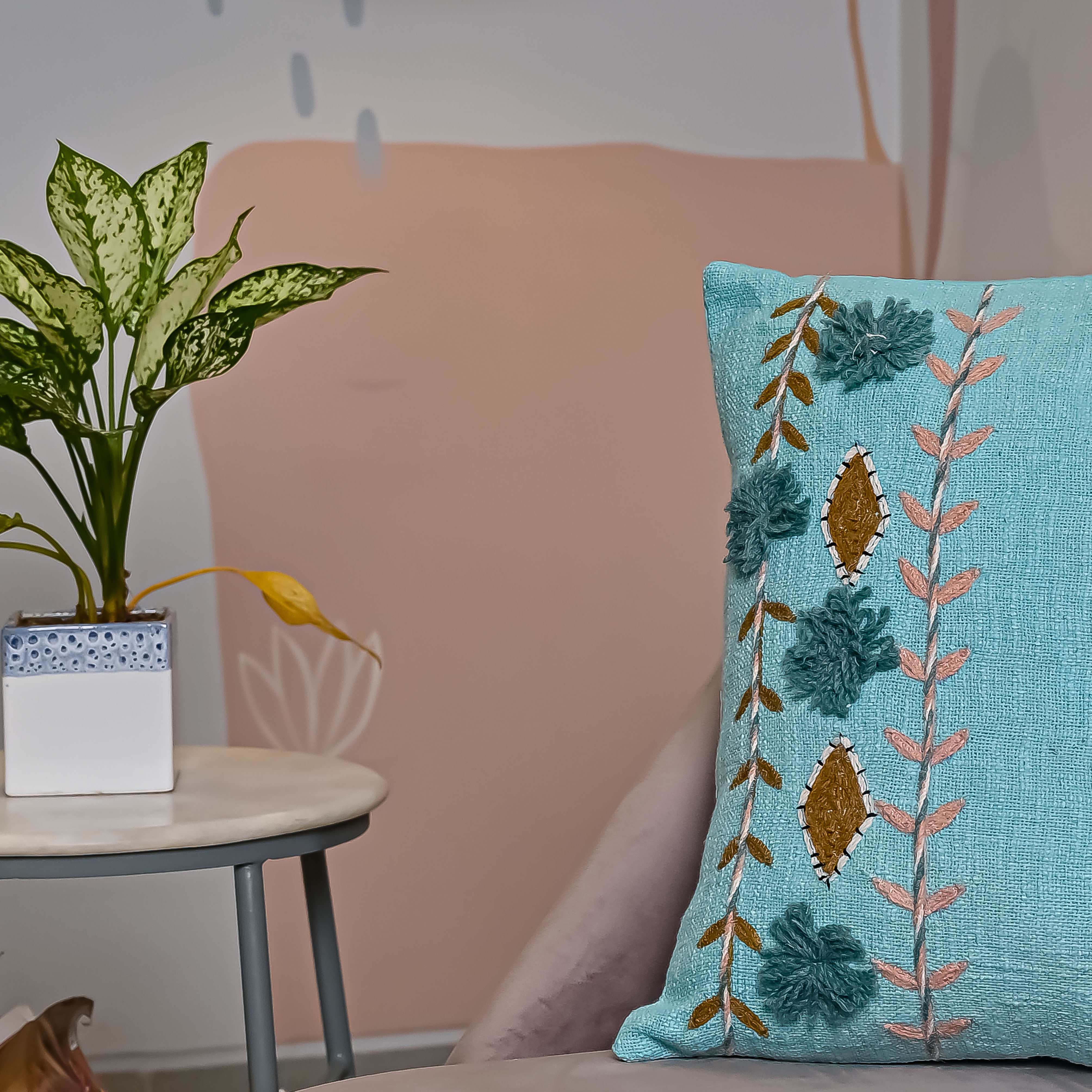 Turquoise Blue Embroidered Cotton Cushion Cover With Floral Motifs