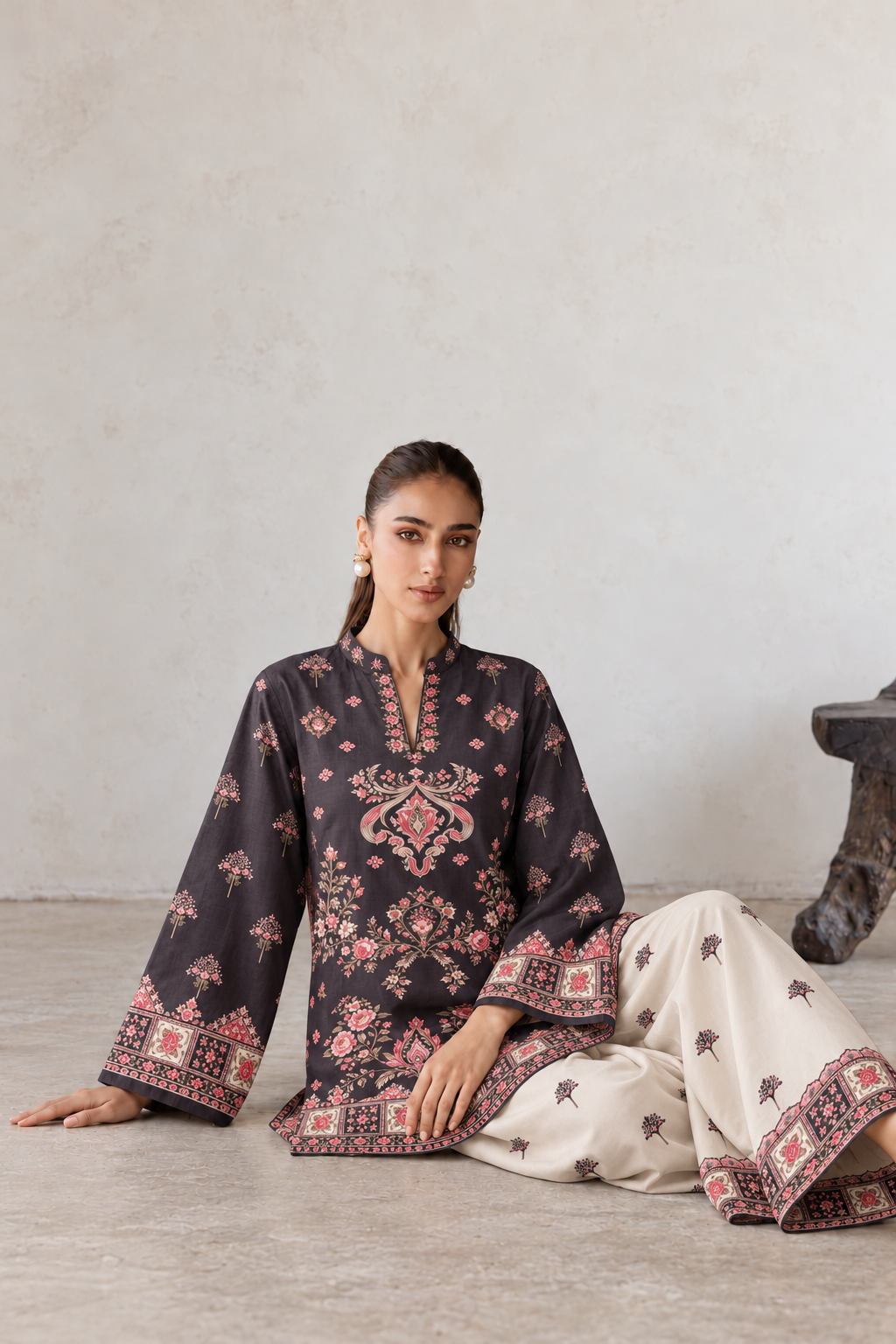 Midnight Black Printed V-Neck Kurta With Wide-Leg Farshi Salwar Co-Ord Set For Women