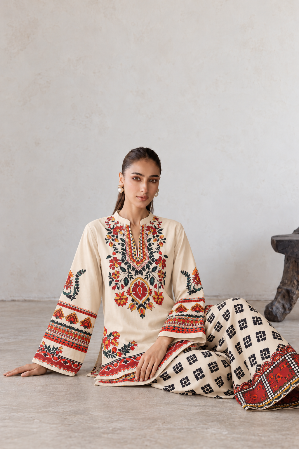 Cream & Rust Folk Floral Yoke Suit With Diamond Trellis Farshi Salwar Co-Ord Set For Women