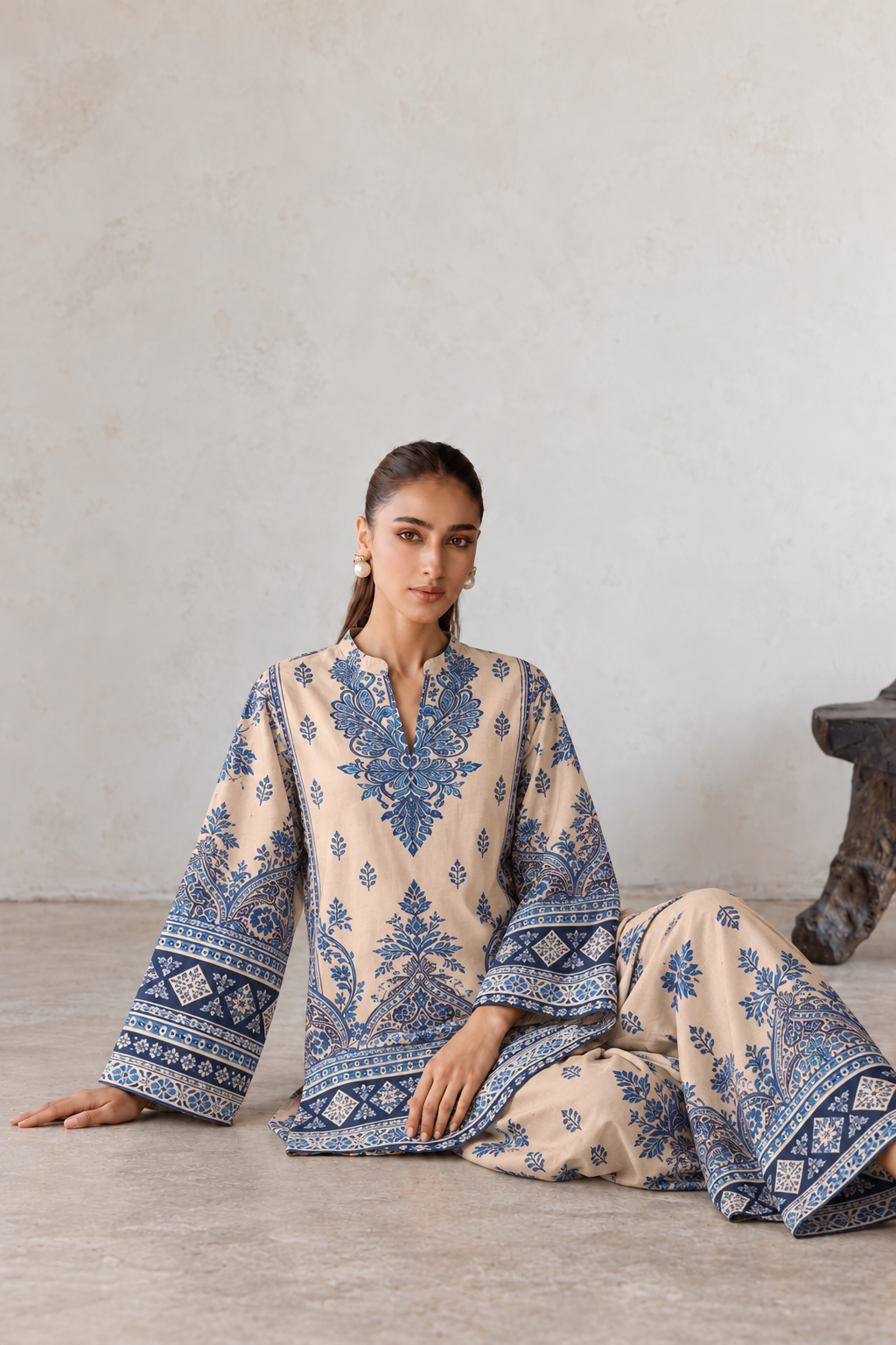 Indigo Blue Medallion Arch Print V-Neck Kurta With Matching Farshi Palazzo Co-Ord Set