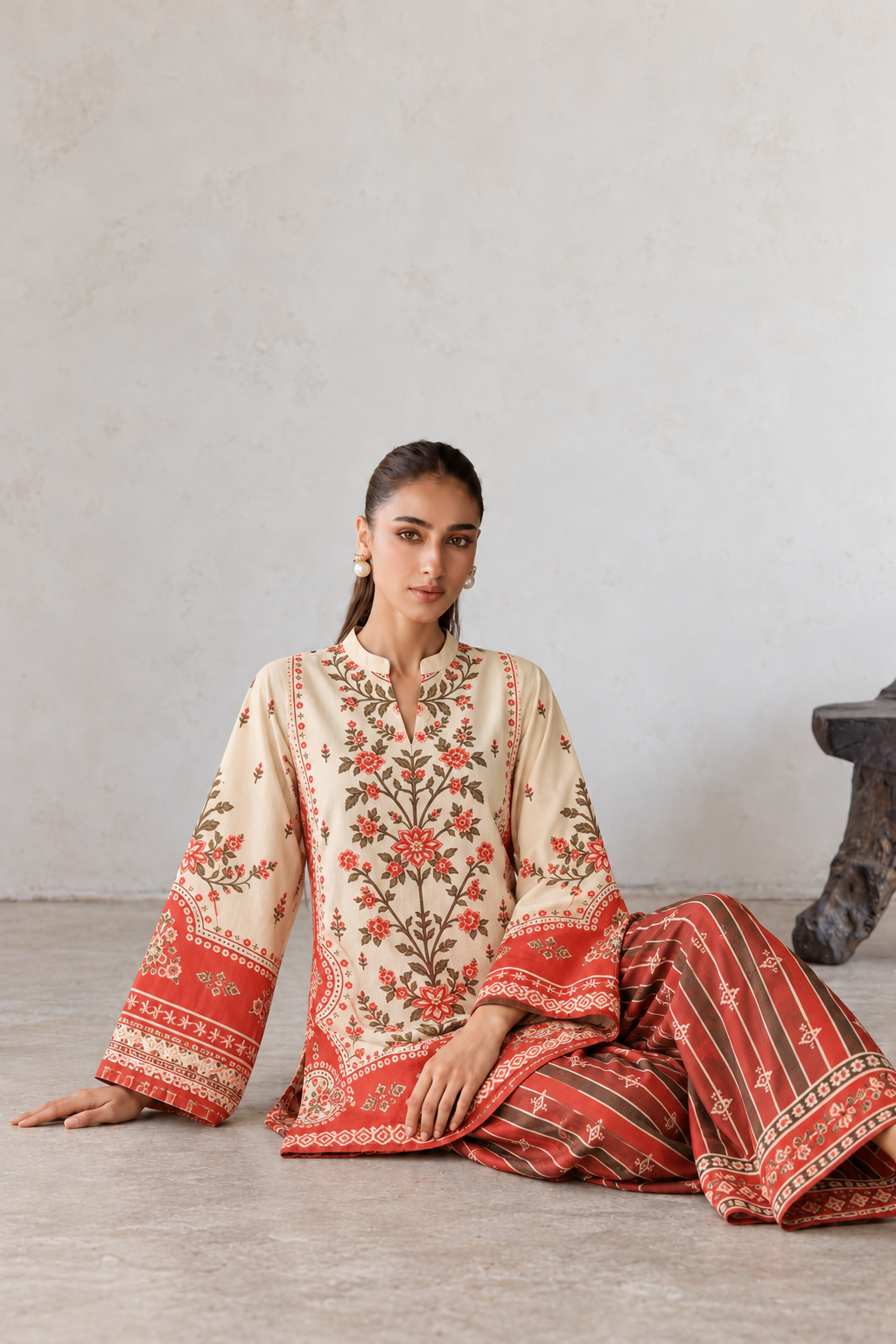 Red Tree Print V-Neck Suit With Striped Farshi Salwar Co-Ord Set For Women