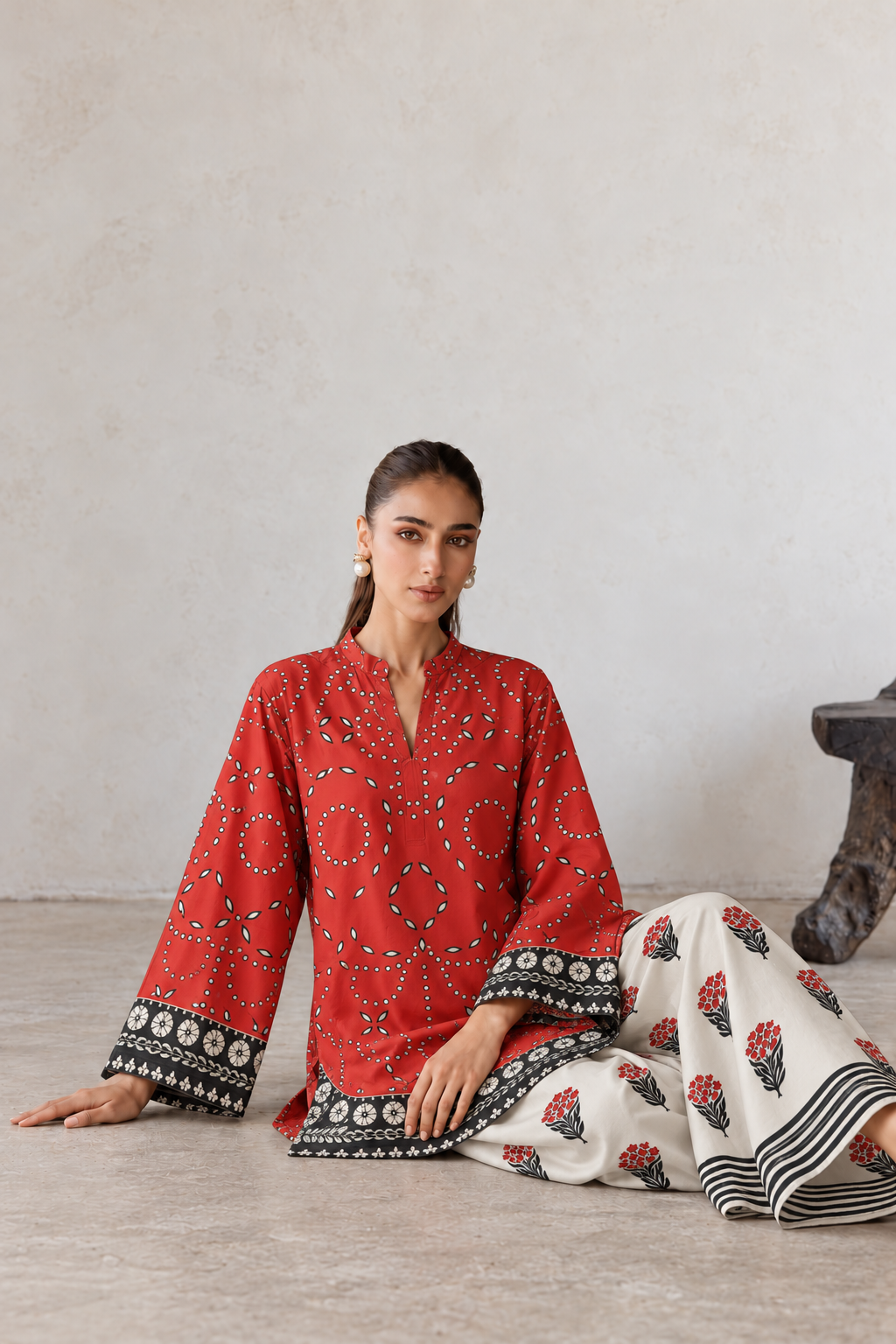 Coral Red V-Neck Floral Print Farshi Salwar Suit Co-Ord Set For Women