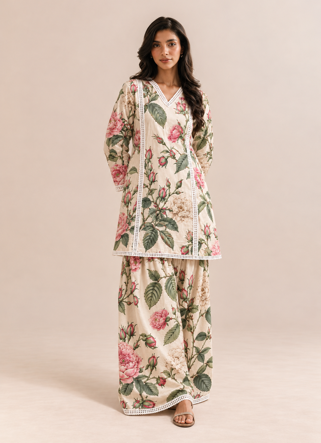 White Floral Print V-Neck Farshi Tunic & Palazzo Co-Ord Set For Women