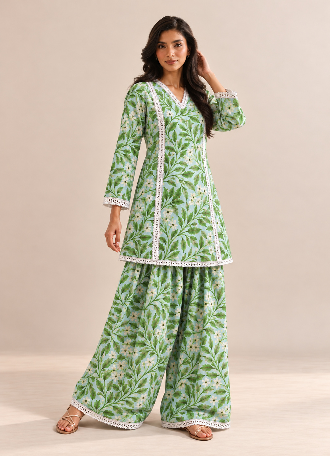 Mint Green Floral & Leaf Print Farshi Style V-Neck Tunic & Palazzo Co-Ord Set For Women