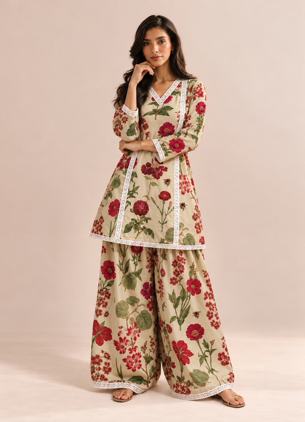 Beige Floral Print  V-Neck Farshi Co-Ord Set For Women