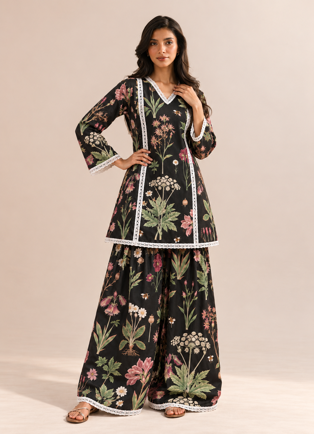 Black Floral Print Farshi Style V-Neck Tunic & Palazzo Co-Ord Set For Women