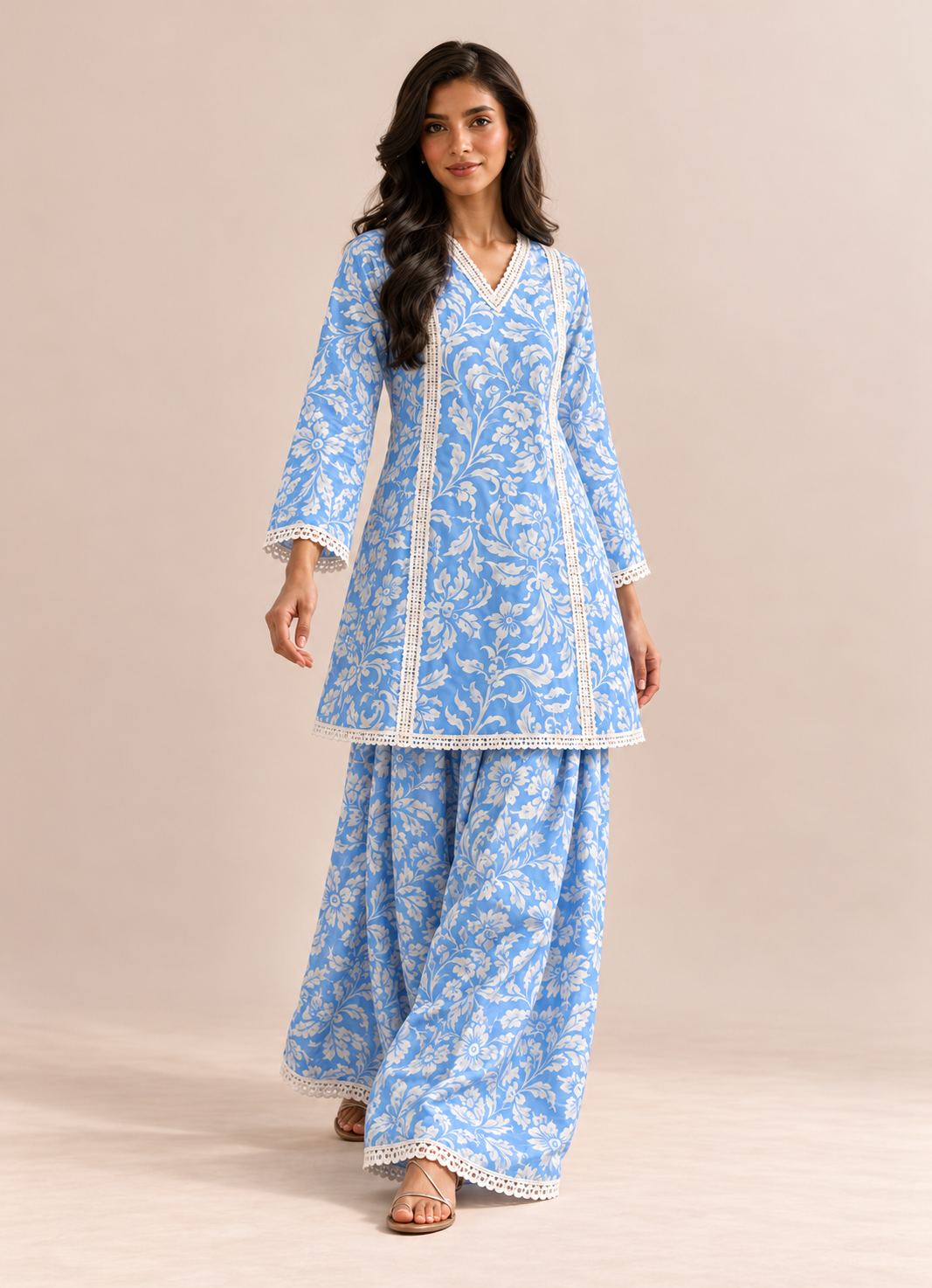 Powder Blue Floral Print  V-Neck Farshi Style Tunic & Palazzo Co-Ord Set For Women