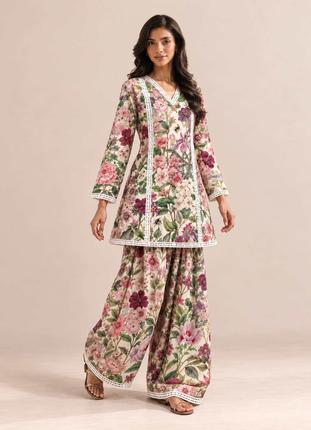 Off-White Multi-Floral Print Farshi Style V-Neck Tunic & Palazzo Co-Ord Set