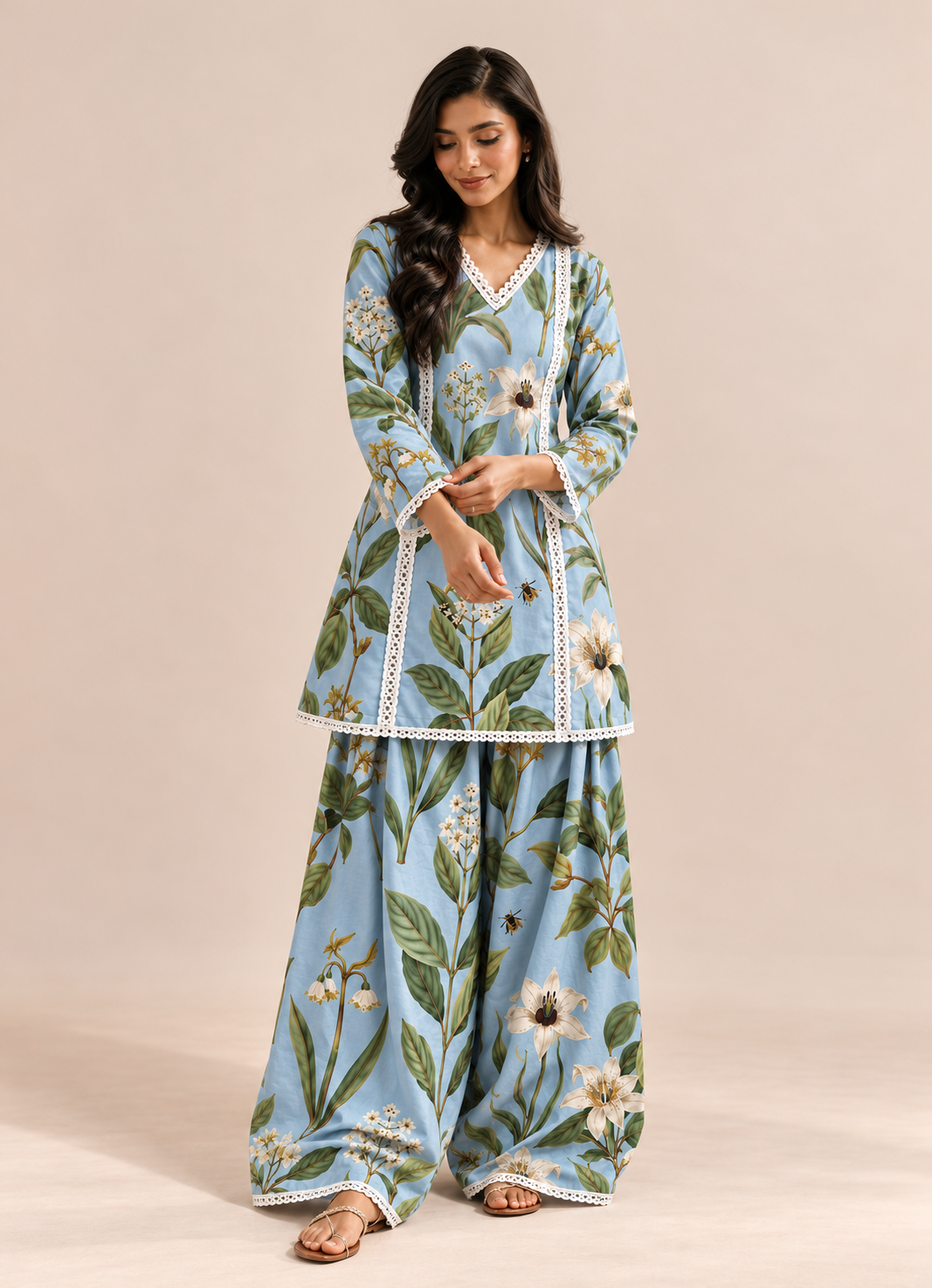Sky Blue Floral Print Farshi Style V-Neck Tunic & Palazzo Co-Ord Set For Women
