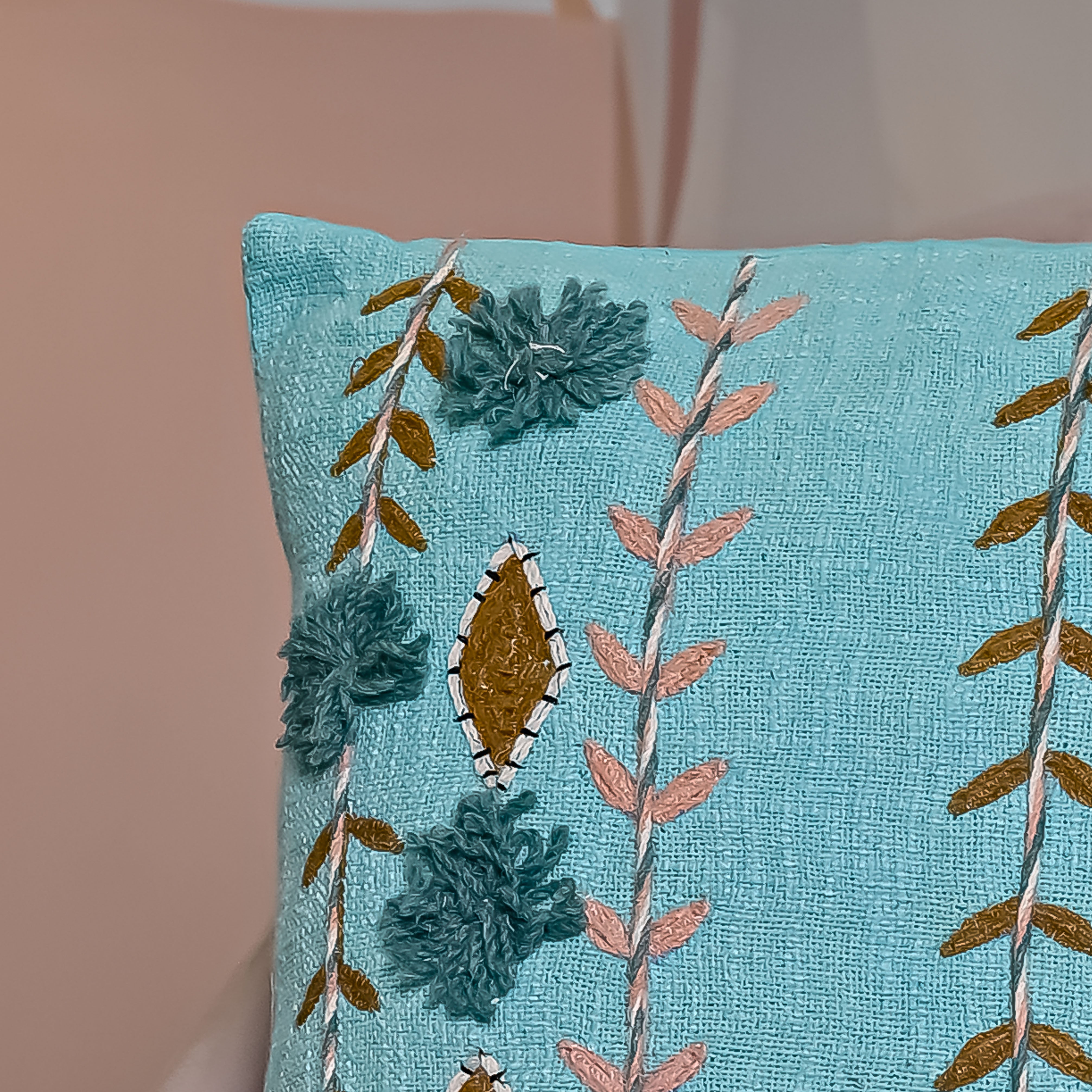 Turquoise Blue Embroidered Cotton Cushion Cover With Floral Motifs