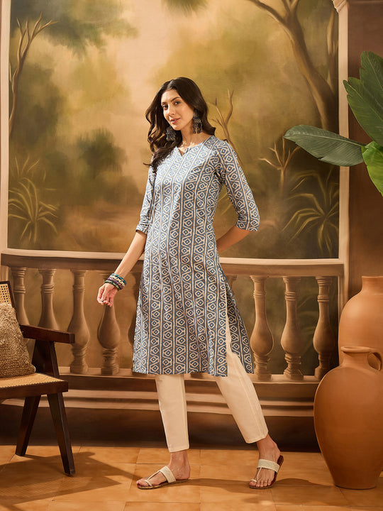 Grey Color Screen Print Cotton Kurta for Women