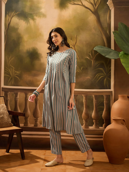 Green Viscose Rayon Round Neck Kurta Set For Women