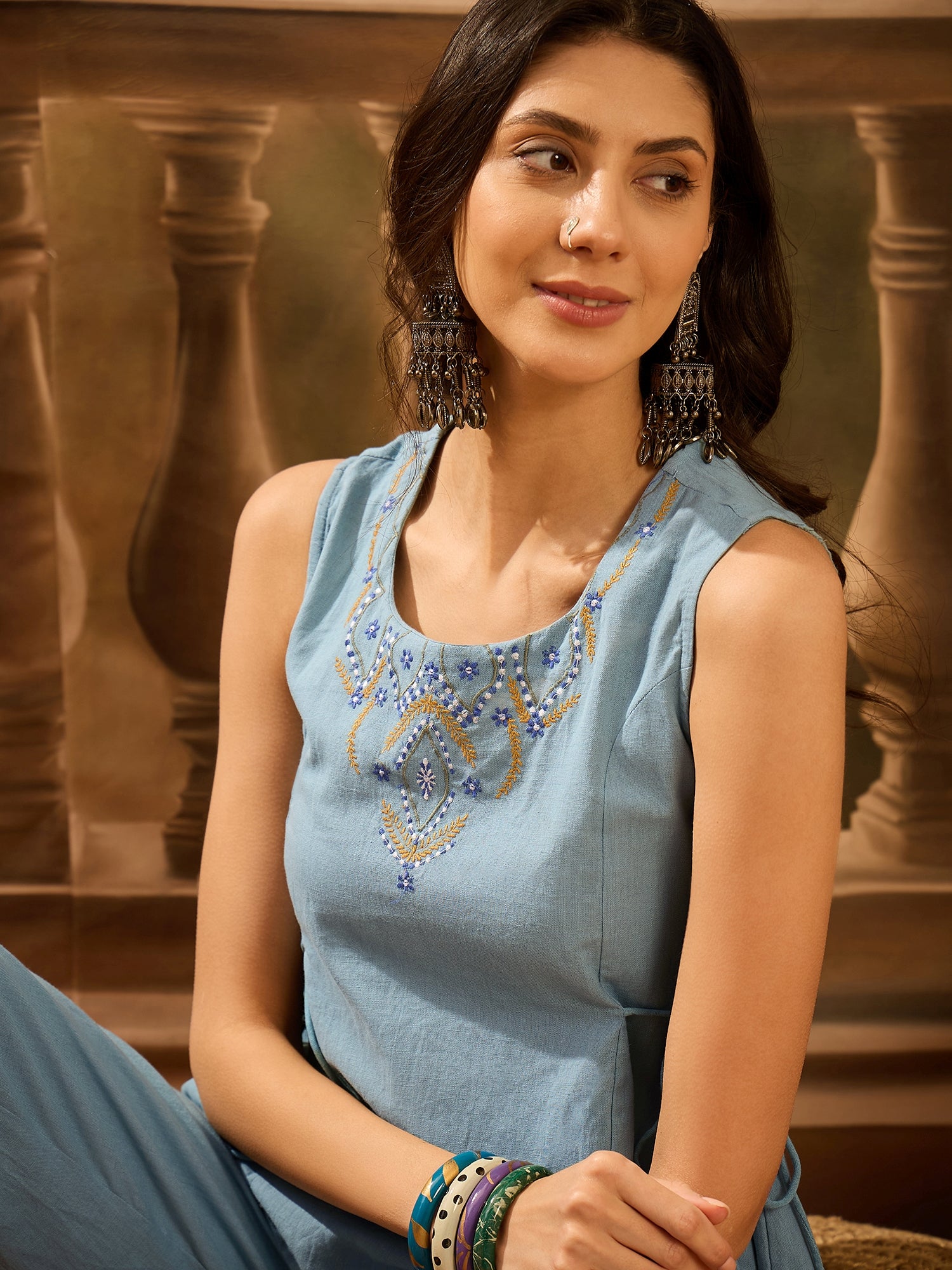 Blue Round Neck Pure Cotton Embroidered Co-ords Set for Women