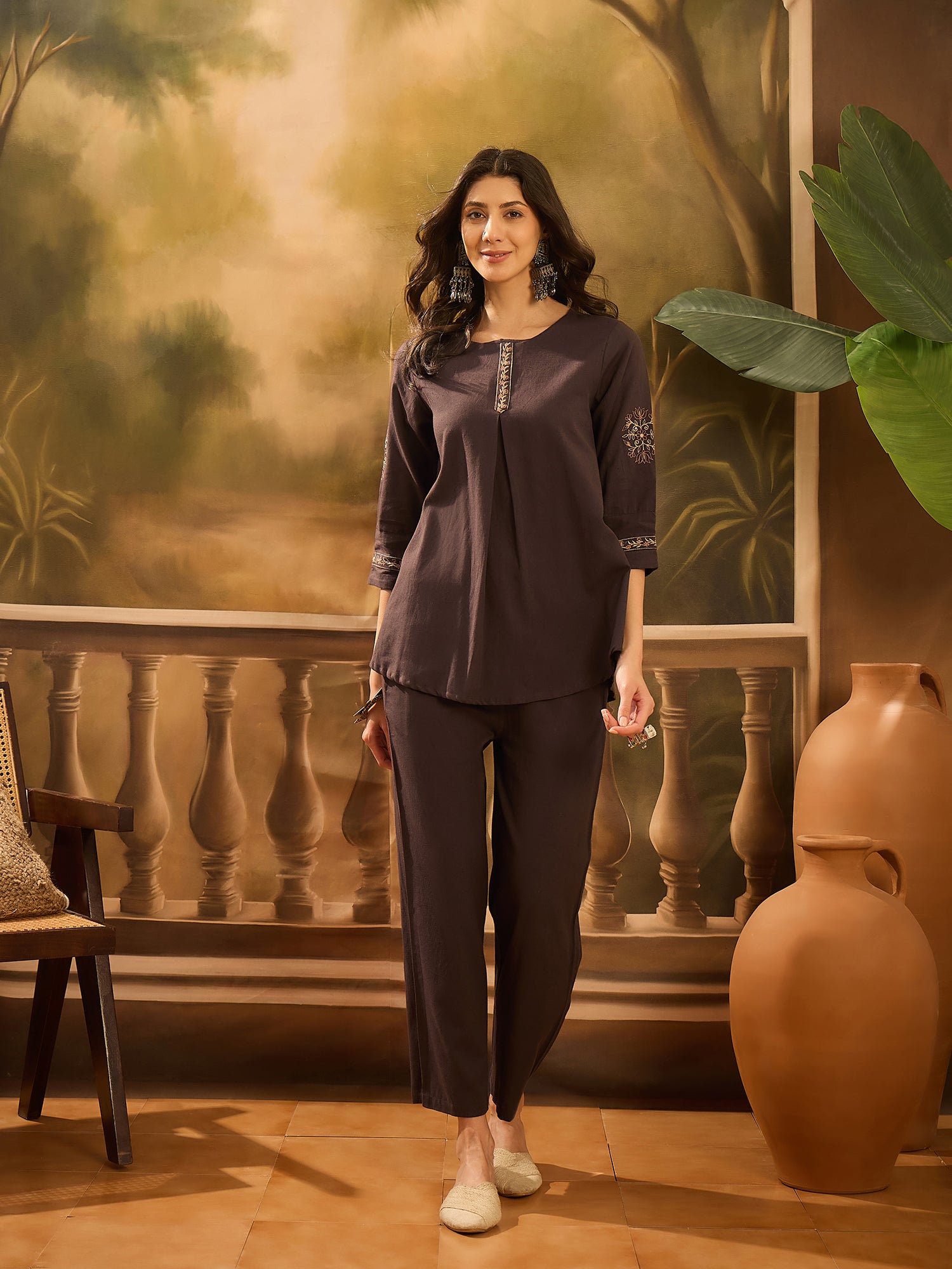 Brown Round Neck Pure Cotton Solid Co-ords Set for Women