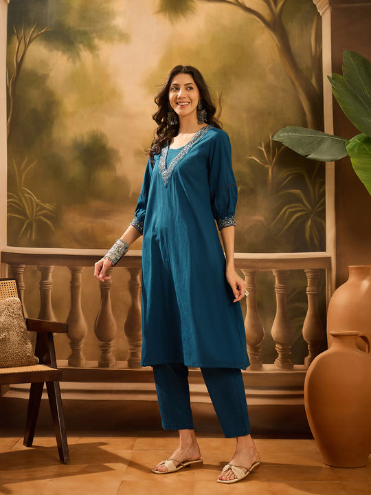 Teal Pure Cotton V-Neck Kurta Set For Women