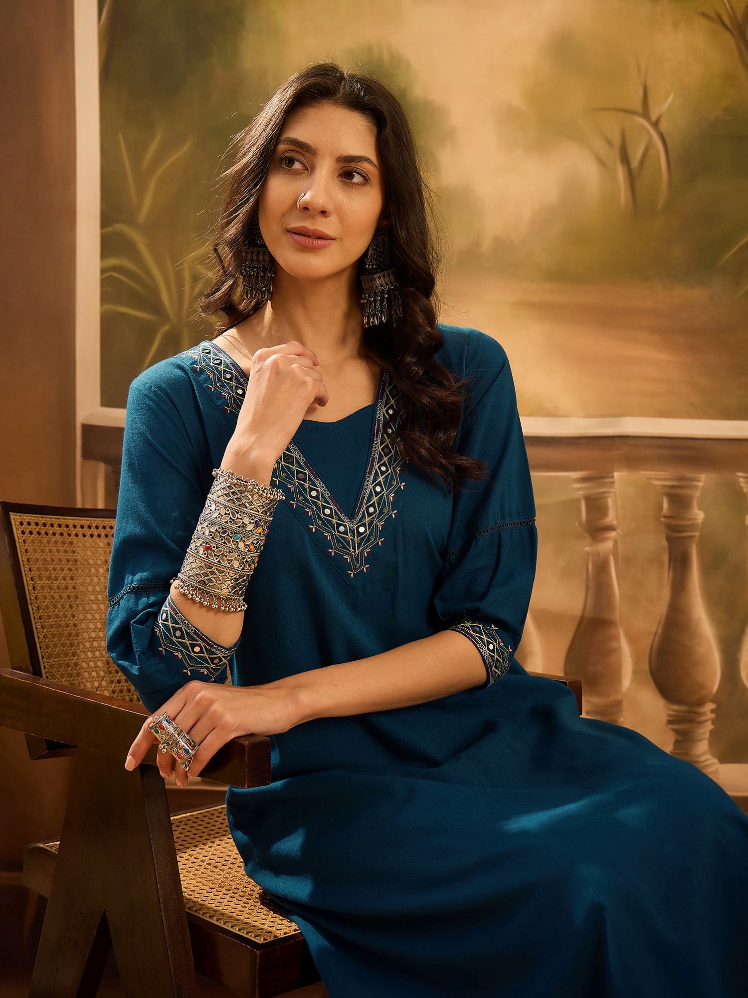 Teal Pure Cotton V-Neck Kurta Set For Women