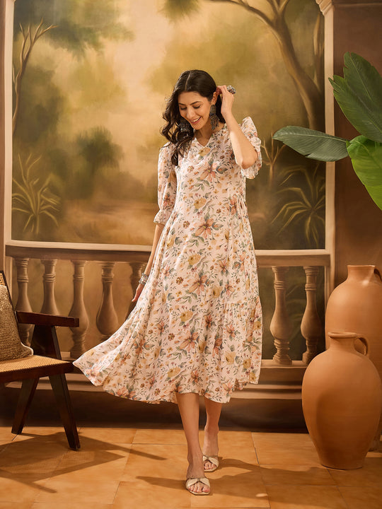 Off White Floral Printed Silk Blend Dress for Women