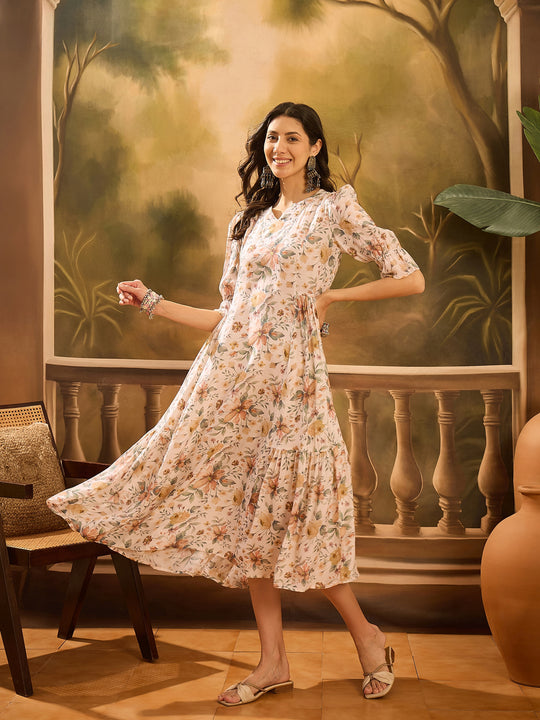 Off White Floral Printed Silk Blend Dress for Women