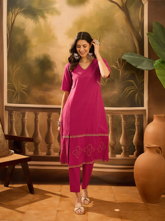 Maroon Pure Cotton V-Neck Kurta Set For Women