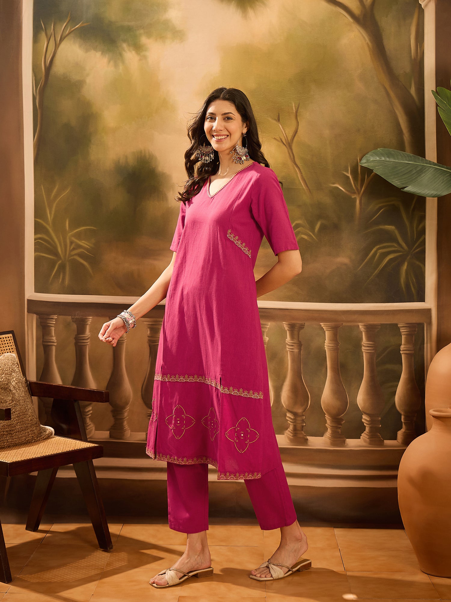 Maroon Pure Cotton V-Neck Kurta Set For Women